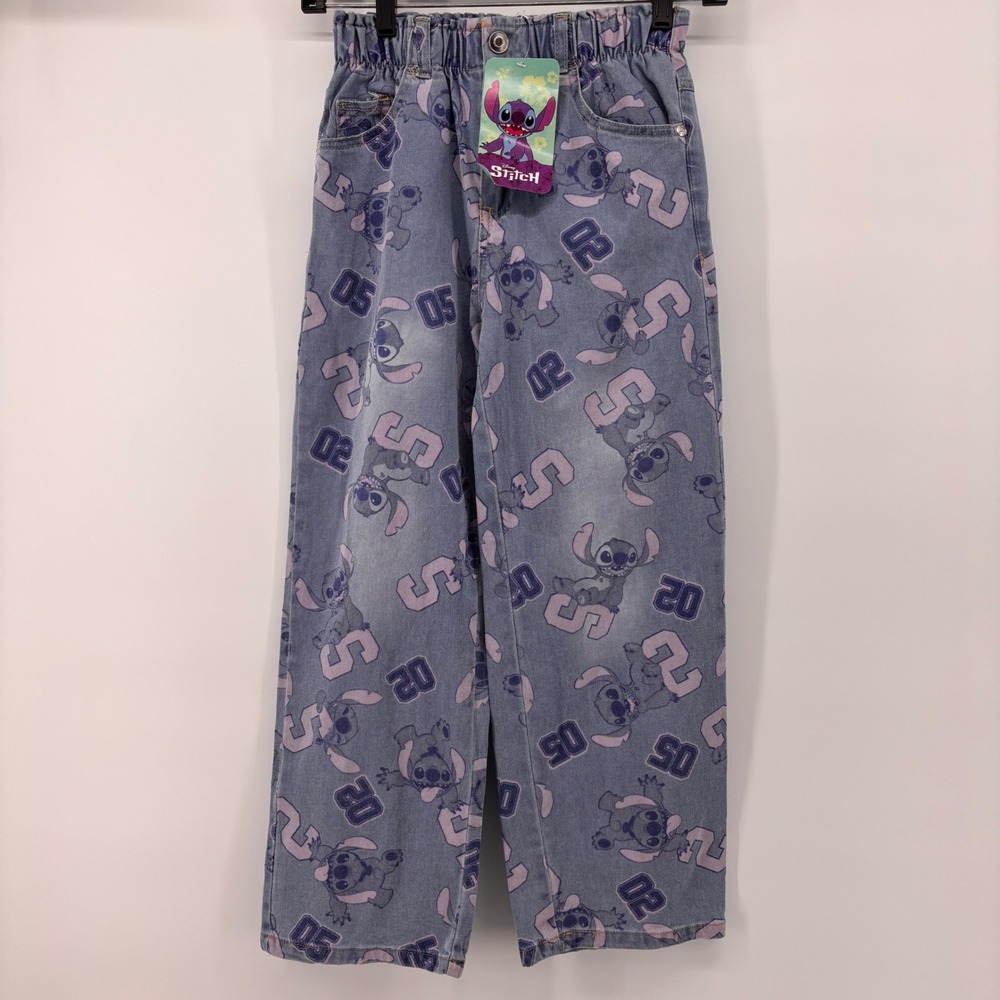 Disney Lilo & Stitch Girls Blue Wide Leg All Over Print‎ Jeans Size 7/8 NWT
